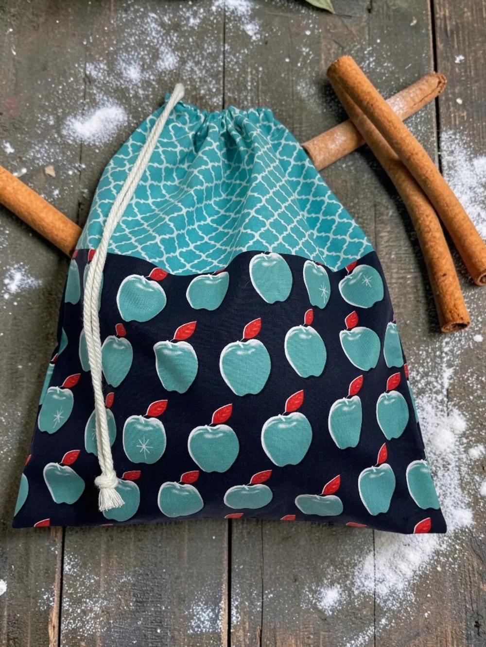 Teal Apple Print Bread Bag, Reusable Cotton Bread Bag, Sourdough Storage Bag